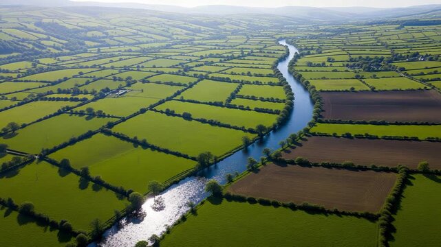 Aerial view of a winding river through green patchwork fields Keywords: aerial, view, river