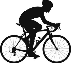 Road cyclist silhouette on racing bike, helmeted rider in aerodynamic posture, black vector icon for sport, fitness, outdoor activity themes