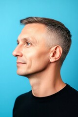 Obraz premium Blue solid background. A relaxed and poised man showing grace. F