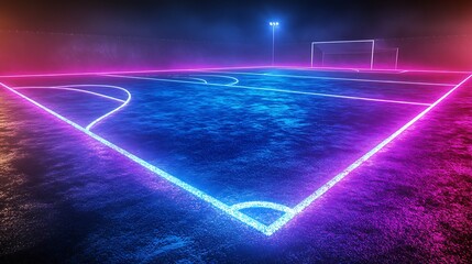 A neon lit sports field with a goal and a light post under a dark sky with a colorful glow