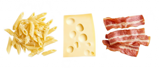 A visually appealing arrangement of cooked penne pasta. slices of Swiss cheese with holes. and crispy bacon strips on a clean white background. ideal for culinary articles or food blogs