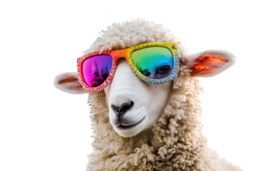 A playful sheep wearing colorful sunglasses. set against a bright white background. exuding a fun and carefree vibe. perfect for animal-themed projects or social media content