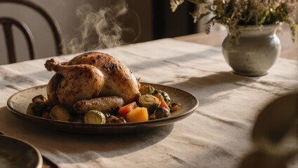 Delicious Roasted Chicken with Vegetables Served on a Table.