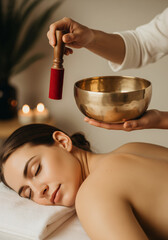 Woman receiving sound healing therapy with singing bowl for relaxation and wellness.