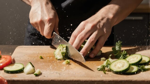 Chef chopping fresh zucchini on a wooden cutting board for a healthy meal.