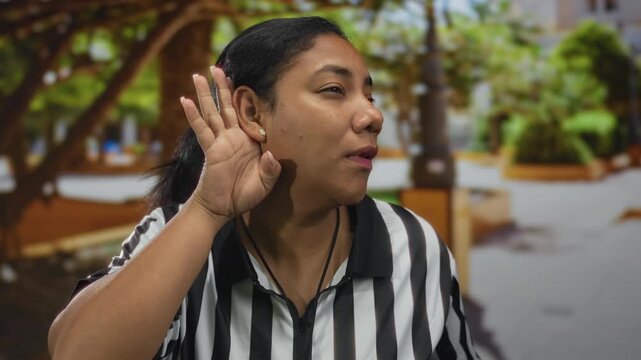 Woman referee wearing black and white striped shirt with whistle holds hand to ear in park; attentiveness.