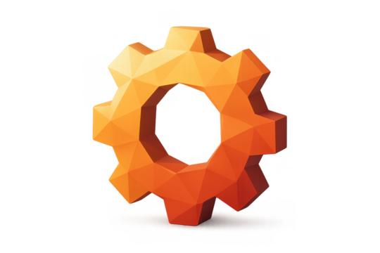 Orange low poly gear icon on a transparent background, symbolizing settings, technology, data, innovation, and digital processes