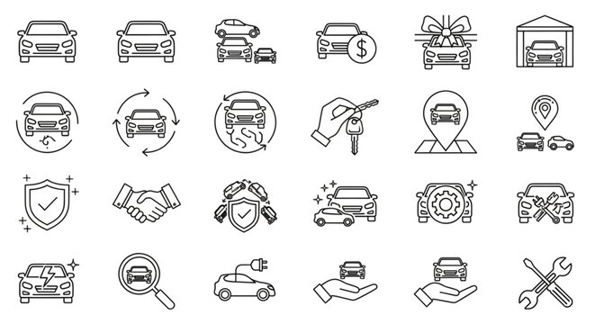 Car Maintenance and Repair Icons Set, Automotive Service Tools and Procedures, Vector Illustration with Garage and Security Elements