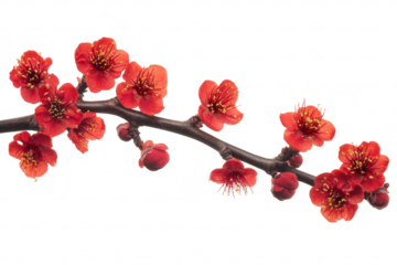 A close-up view of a branch adorned with bright red blossoms. the beauty of spring. set against a clean white background. ideal for nature-themed projects and seasonal promotions
