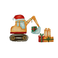 Watercolor hand drawn illustration of excavator with gifts for xmas and new Year.  © Arina