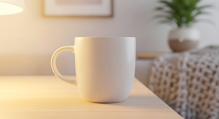 Fototapeta premium Cozy Morning Blank White Mug on Wooden Table with Indoor Plant in Soft Light