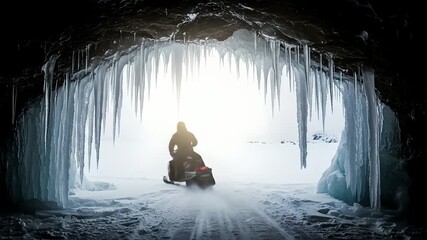 Snowmobile journeys through ice caves in winter. Extreme adventure, exploring frozen landscapes. Tourism, travel marketing, winter sport, nature documentary, travel vlog, lifestyle.