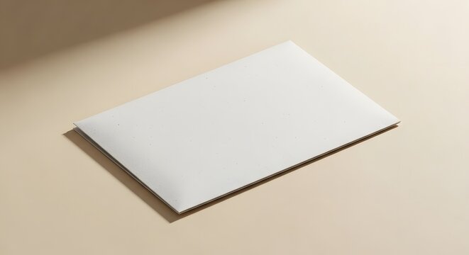 Minimalist flat lay of a blank white paper envelope on a neutral beige background with a soft shadow overlay for design mockups