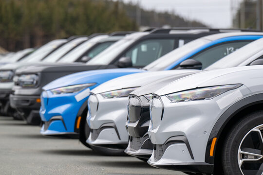 St. John's, Newfoundland, Canada-December 1, 2025: A row of blue and grey colored Ford Mustang Mach E muscle cars for sale on a dealership parking lot. The expensive, shiny electric cars are sporty.