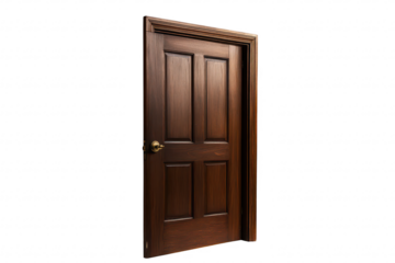 A beautifully crafted wooden door with a rich brown finish. intricate paneling and a classic round doorknob. set against a clean white background. ideal for architectural design projects