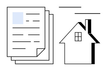 Stack of formal papers next to simplistic house outline. Ideal for real estate, contracts, documentation, mortgage, housing, property management, and legal forms. Simple flat metaphor