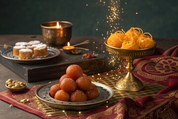 Gulab Jamun and Indian Sweets with Festive Lighting