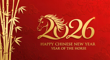 Chinese New Year 2026 banner with golden horse, bamboo, clouds, and plum blossom on red background. Vector festive oriental design for greeting cards, website headers, ads, posters, and prints.