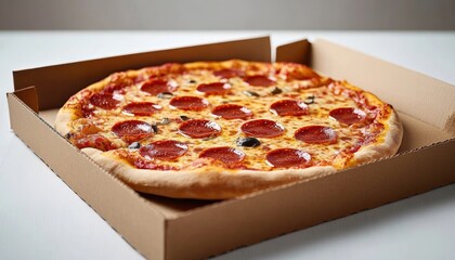 fresh hot pepperoni pizza with melted cheese and black olives in an open cardboard box on a white table, appetizing and inviting
