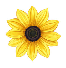 Vibrant yellow sunflower with a dark center isolated on transparent background, radiating warmth and joy in a simple yet captivating floral illustration