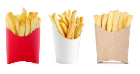 Tasty French fries in paper takeout containers isolated on white, set