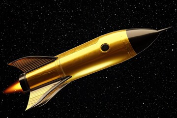 Golden rocket ship flies against a backdrop of stars, emitting a small flame from its engine. AI.