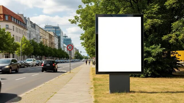 Blank Billboard On City Sidewalk Next To Busy Street empty white