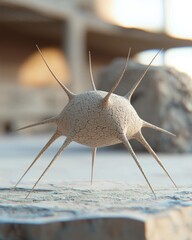 Spiked sphere with cracked surface sits on textured surface. Out-of-focus shapes in background. AI.