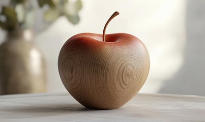A wooden apple with a stem sits on a surface with a vase and plant behind it. AI.