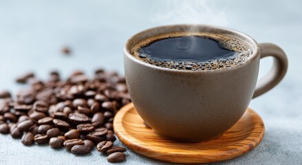 Steaming cup of dark coffee sits on a wooden coaster next to a pile of coffee beans