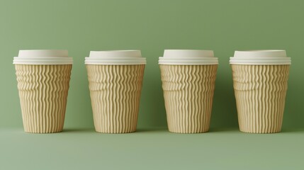 Four paper coffee cups with white lids are arranged in a row against a green background. AI.