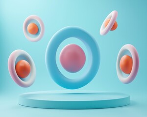 Spheres and rings float above a blue platform on a blue background. AI.