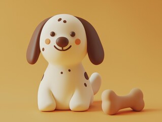 A cartoon dog sits next to a dog bone. The dog is white with brown spots, brown ears, and an orange background. AI.