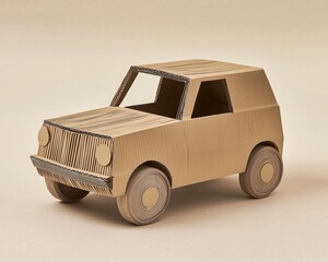 A cardboard car is displayed against a neutral background. The toy car is made from corrugated cardboard. AI.