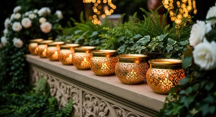 Golden candlelit ambience amidst lush foliage creating a romantic serene setting