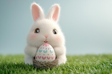 White fluffy bunny holding a decorated egg in a nest, sitting on green grass. AI.