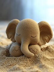 A sand-textured elephant figurine is nestled in tan granules. It has closed eyes and a curled trunk. AI.
