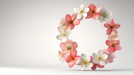 Pink and white flowers form a ring on a white surface. The flowers are close together. AI.