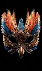 Ornate mask features detailed metalwork, feathers in orange and blue, and a bird-like beak. AI.