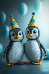 Two penguins wearing birthday hats stand together. Blue balloons are visible in the background. AI.