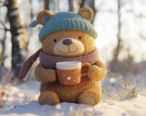 toy bear wearing a hat and scarf, holding a cup with a heart design, sitting in the snow. AI.