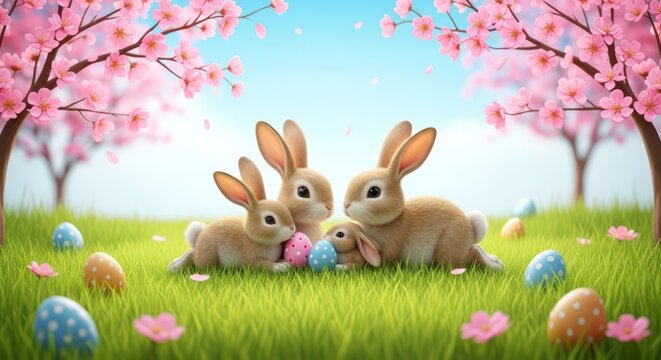 Delightful easter scene featuring a bunny family amidst blooming cherry blossoms - Powered by Adobe