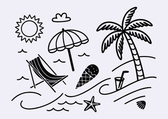 Doodle style beach scene illustration for summer vacation vibes artwork