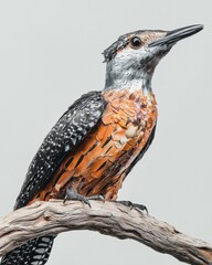 Decorative bird with orange and black plumage perches on a bare branch against a plain, light background. AI.