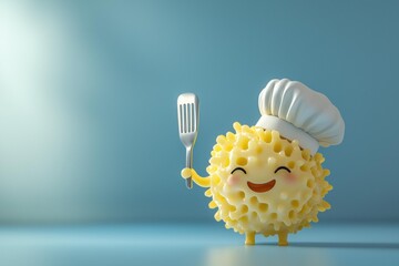 Cartoon food character with a chef's hat holds a spatula. It stands on a light blue surface. AI.