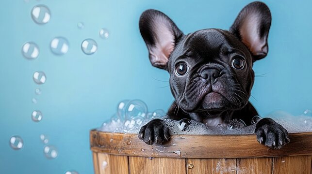 adorable black french bulldog puppy peeking from a soapy wooden tub with bubbles against a soft blue background, playful and curious expression