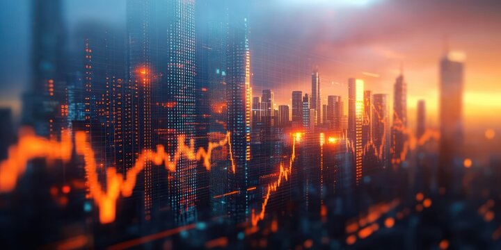 Futuristic urban skyline at sunset with illuminated skyscrapers, digital data lights, and a glowing orange stock market graph overlay conveying dynamic energetic momentum
