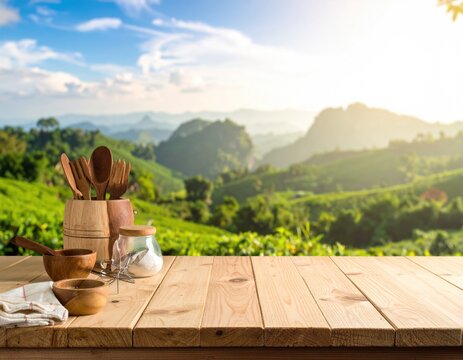 Wooden kitchenware on a rustic table with a scenic mountain backdrop