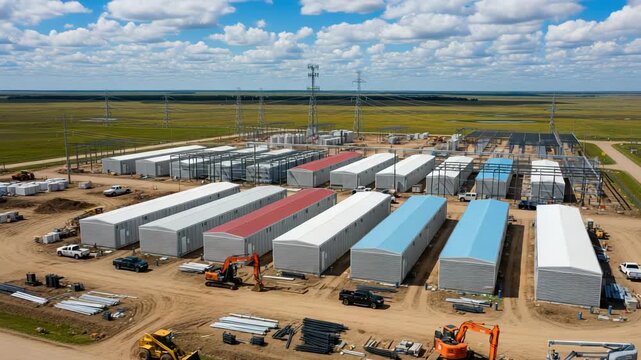 Construction site with rows of modular buildings and heavy machinery temporary housing