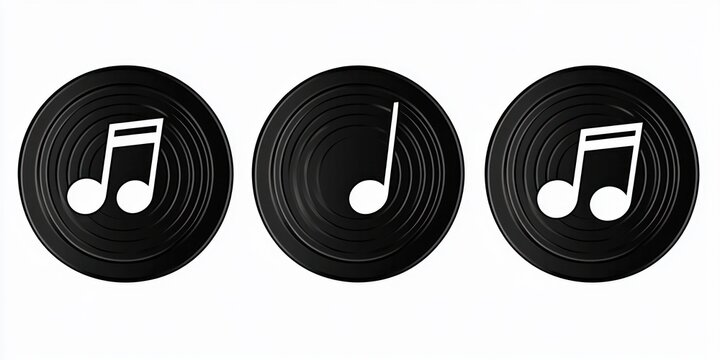 Three black vinyl records with white musical note icons on a clean white background, minimalist graphic evoking rhythm, retro charm and playful musical energy - Powered by Adobe